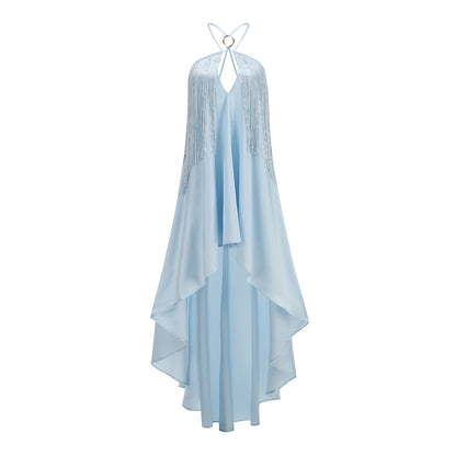 Halter Tassel High Low Dress Blue HV3132
