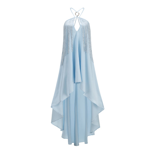 Halter Tassel High Low Dress Blue HV3132