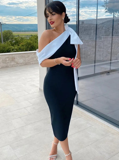 One Shoulder Bow Detail Midi Dress Black White