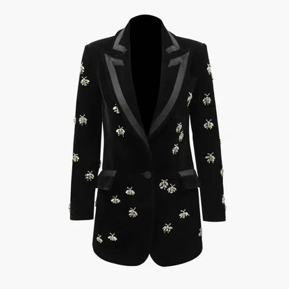 Long Sleeve Crystal Bee Velvet Blazer Black