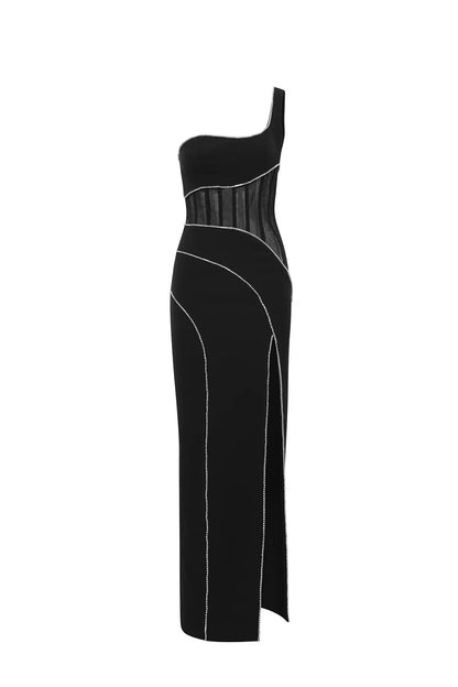 One Shoulder Structured Mesh Maxi Dress Black