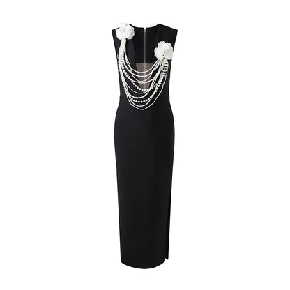 Floral Pearl Detail Maxi Dress Black HV2232