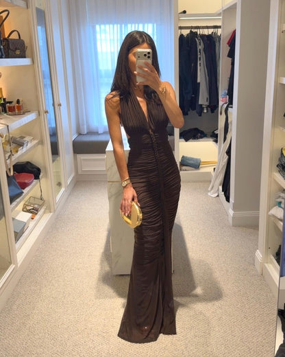 Halter Braid Detail Ruched Maxi Dress Brown HV0083