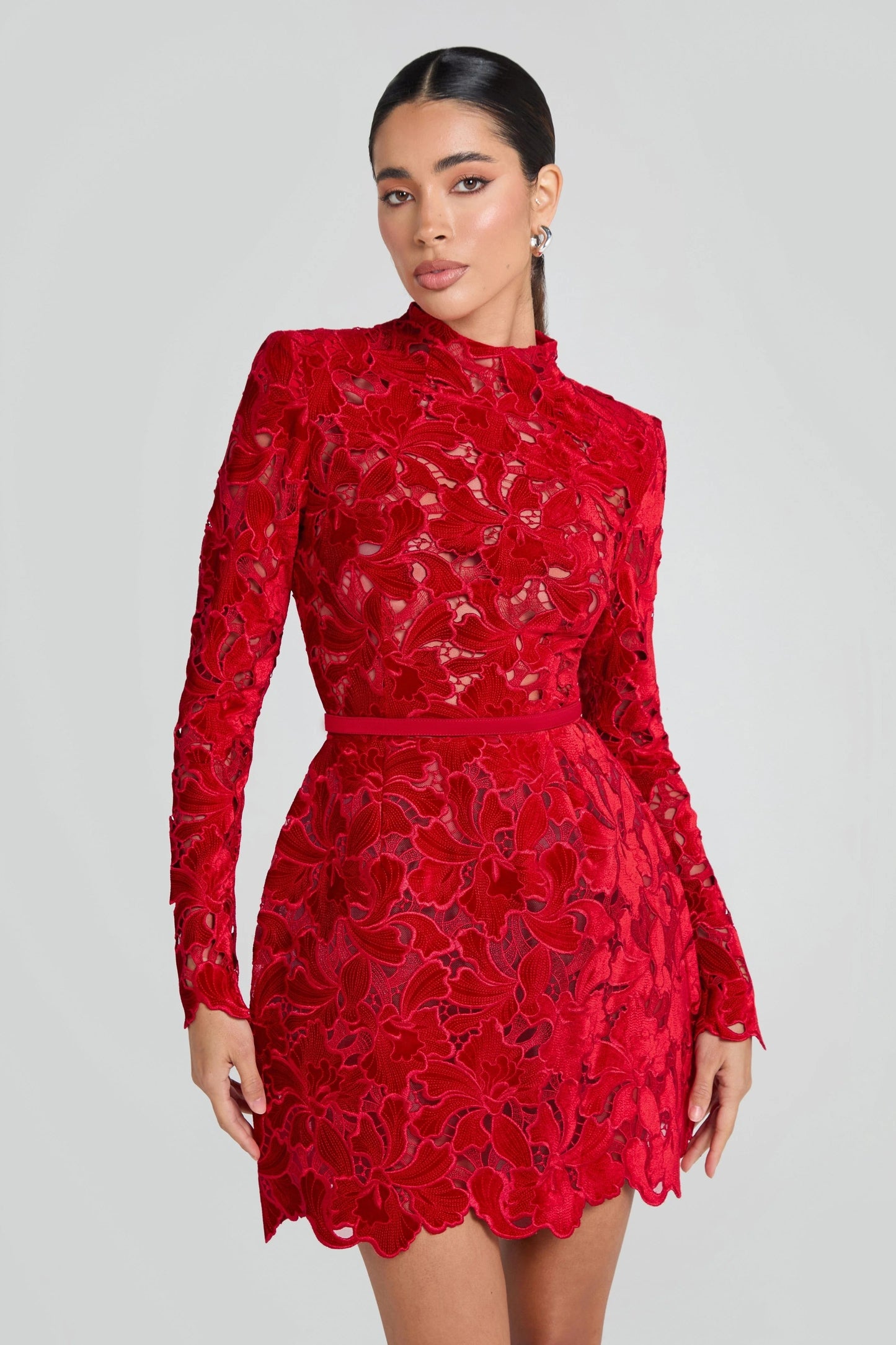 Long Sleeve Crochet Dress Red HV2676