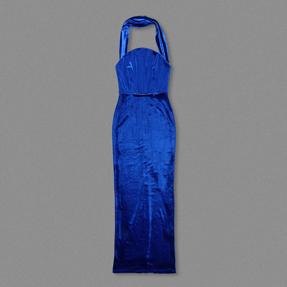 Halter Maxi Velvet Dress Blue HV2031