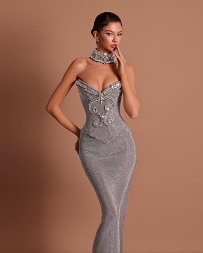 Strapless Crystal Choker Maxi Dress Silver HV2950