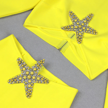 Long Sleeve Star Detail Two Piece Maxi Dress Yellow  HV9902