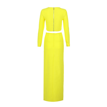 Long Sleeve Star Detail Two Piece Maxi Dress Yellow  HV9902