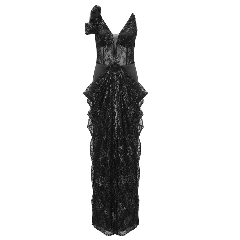 Strapless Floral Draped Lace Maxi Dress Black HV1140