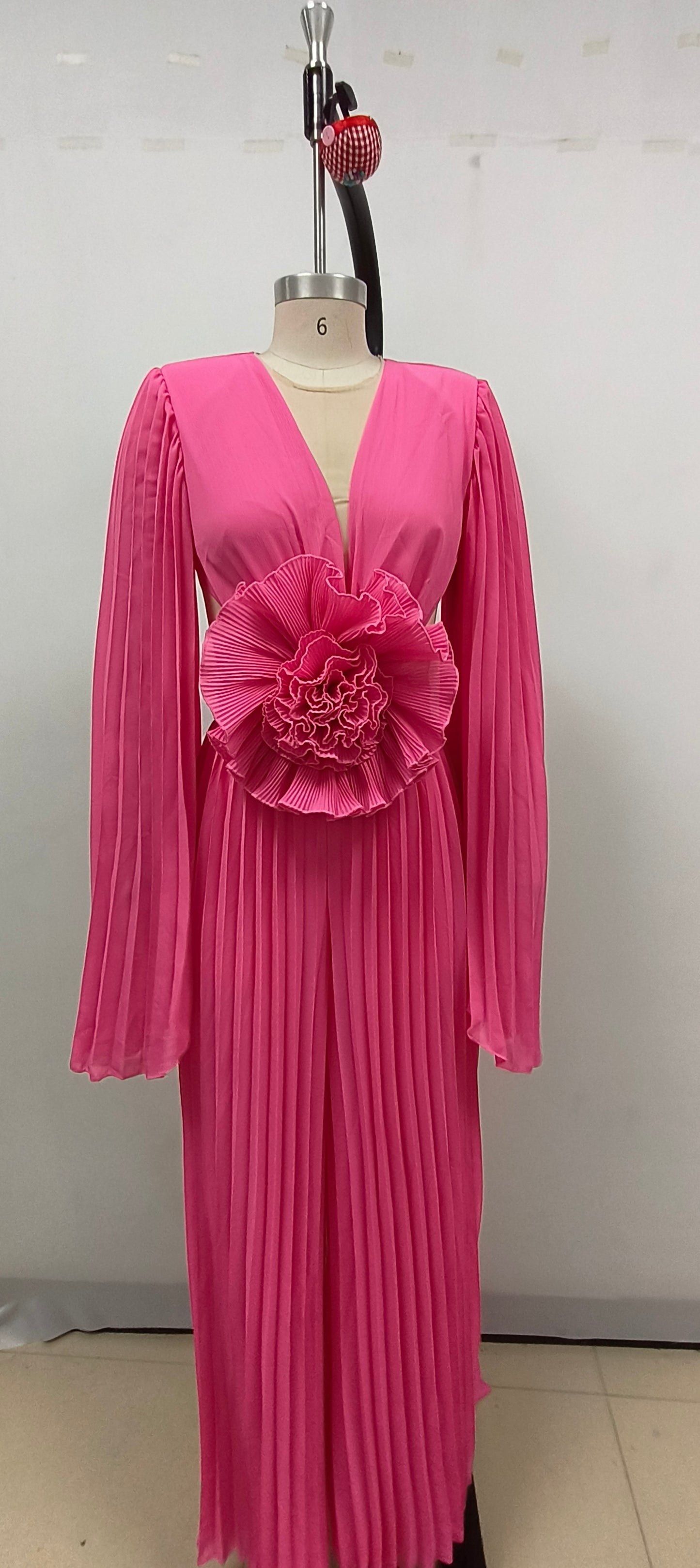 Long Sleeve Pleated Floral Jumpsuit Hot Pink HV1525