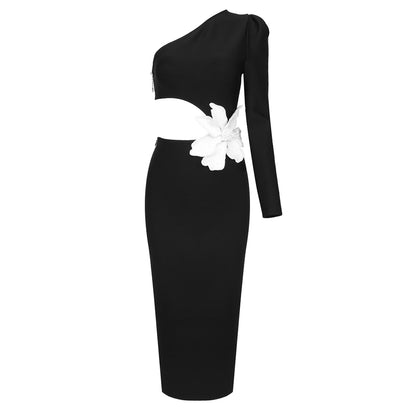 One Sleeve Pearl Flower Midi Dress Black HV9932