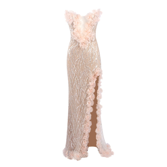 Strapless Floral Sequin Maxi Dress Nude HV2322
