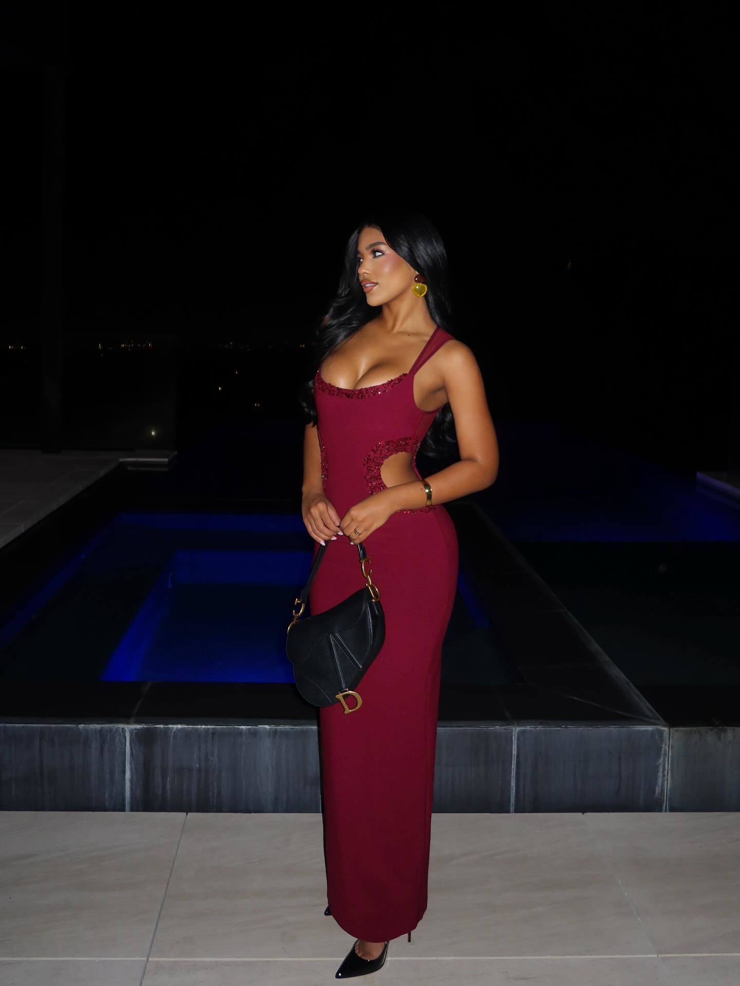Mesh Sequin Cut Out Maxi Dress Red HV2834