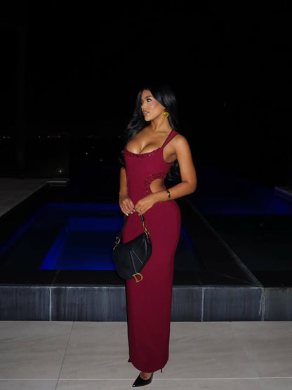 Mesh Sequin Cut Out Maxi Dress Red HV2834