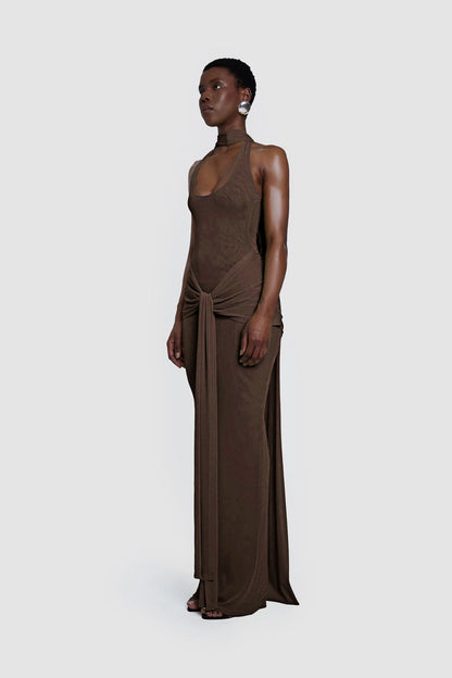 Halter Sparkly Maxi Dress Brown HV0009