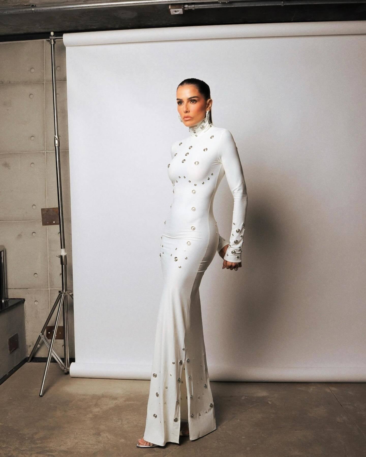 Long Sleeve Studded Maxi Dress White HV2621