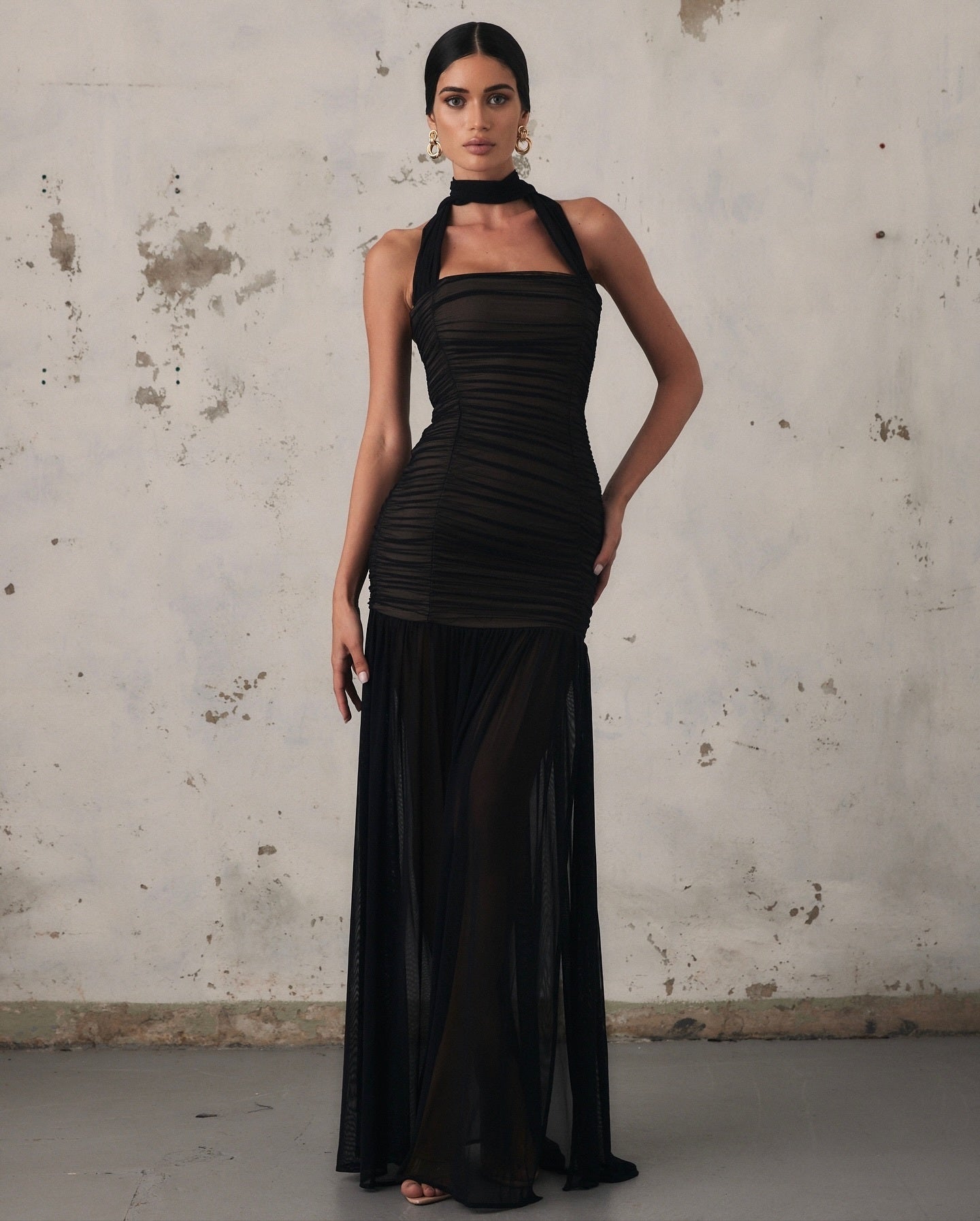 Halter Ruched Mesh Maxi Dress Black HV2753