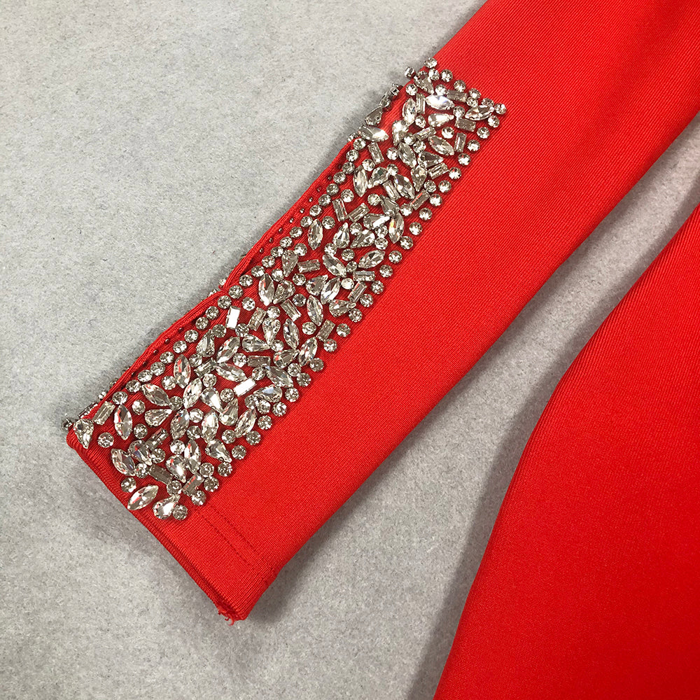 Long Sleeve Crystal Detail Midi Dress Red  HV1687