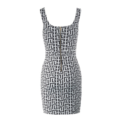 Geometric Print Dress Black White