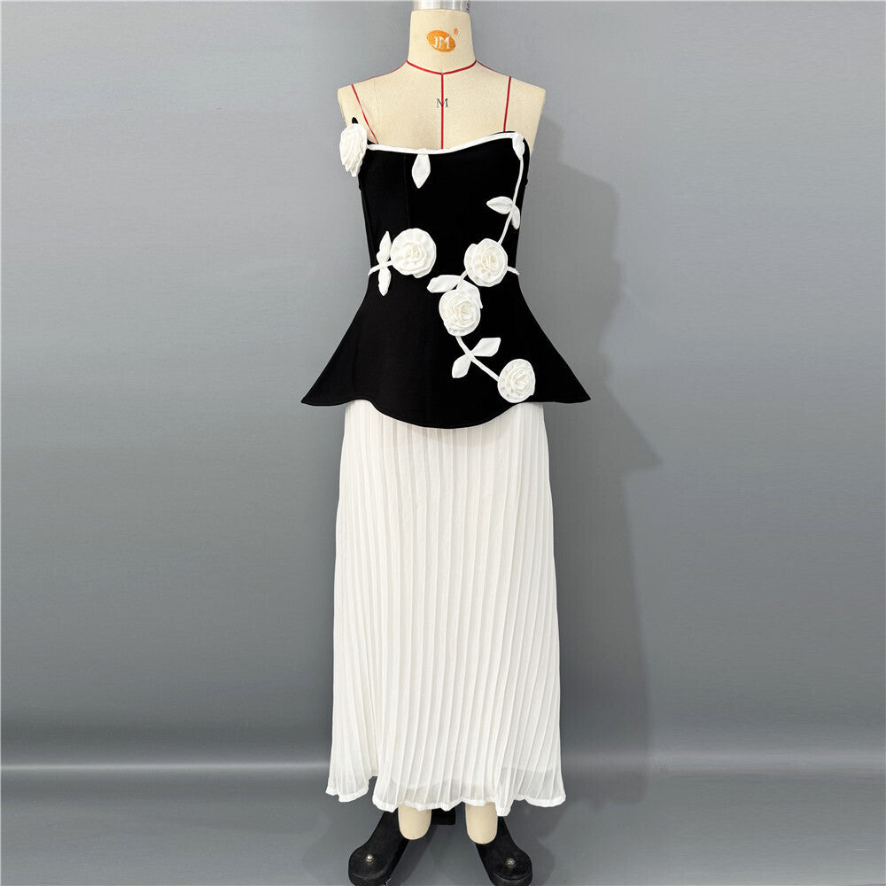 Strapless Floral Peplum Pleated Midi Dress Black White HV2612