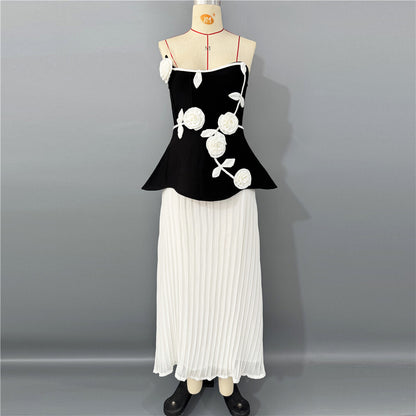 Strapless Floral Peplum Pleated Midi Dress Black White HV2612