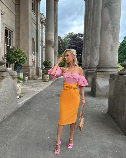 Puff Sleeve Bardot Midi Dress Pink Orange HV0002