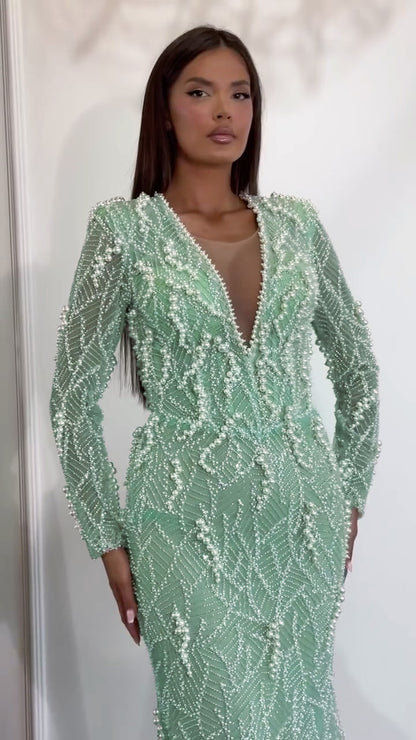 Long Sleeve Pearl Sequin Maxi Dress Green HV2859
