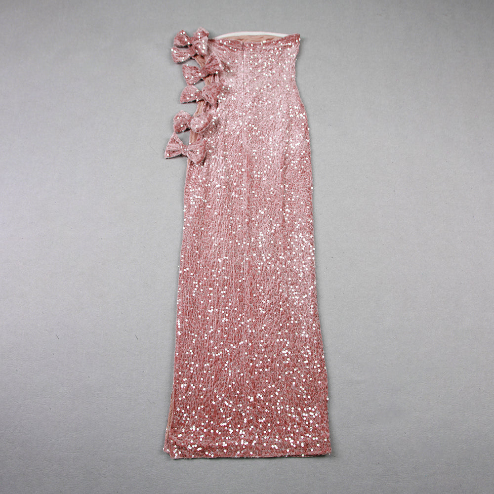 Strapless Bow Sequin Velvet Maxi Dress Pink HV9956