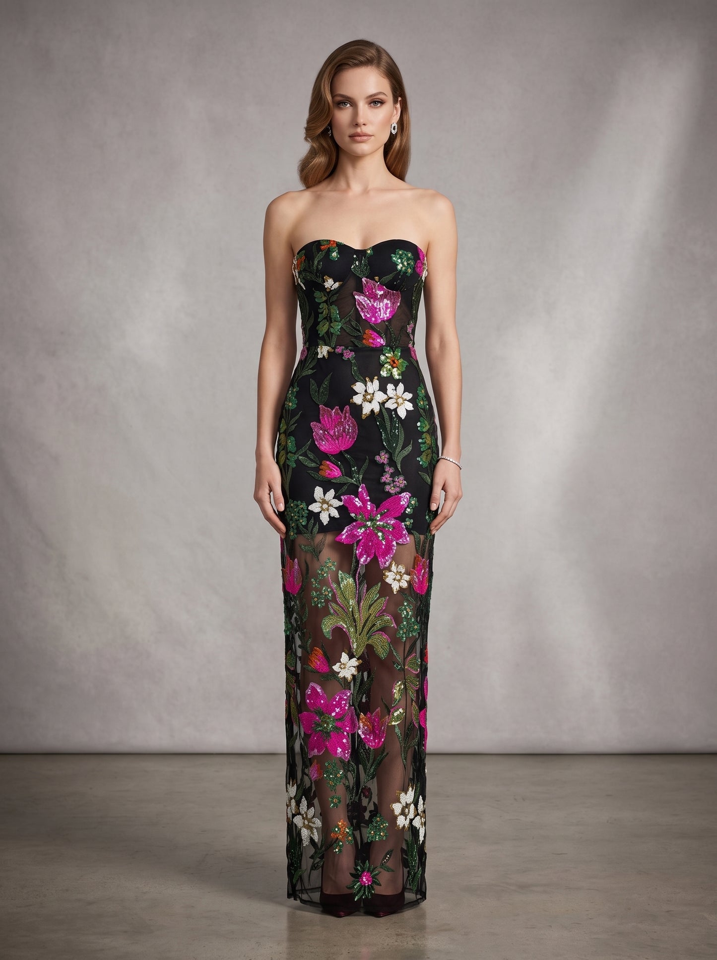 Strapless Sequin Floral Embroidered Maxi Dress Black HV3133