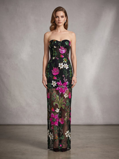 Strapless Sequin Floral Embroidered Maxi Dress Black HV3133