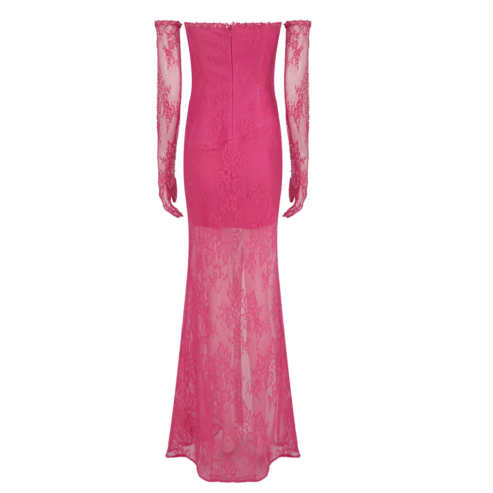 Strapless Lace Corset Maxi Dress Hot Pink HV1352