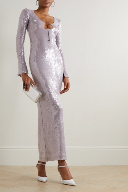 Long Sleeve Sequin Backless Midi Dress HV8940