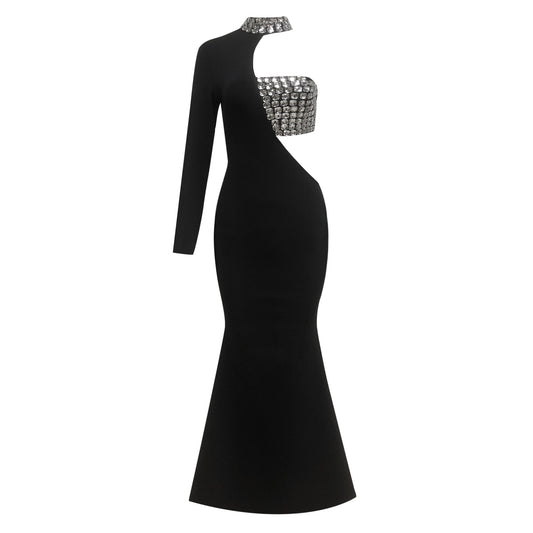 One Sleeve Crystal Detail Maxi Dress Black HV2098