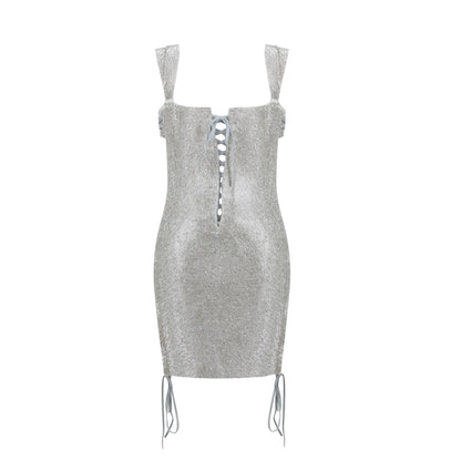 Lace Up Sequin Dress Silver HV9774