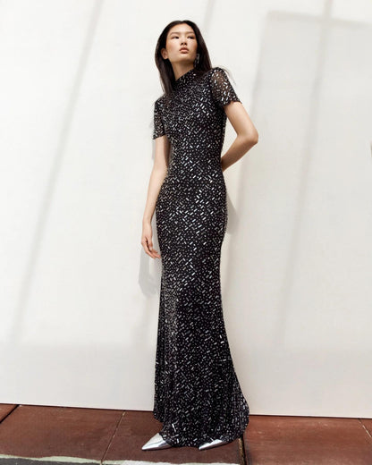 Short Sleeve Crystal Mesh Maxi Dress Black HV2209