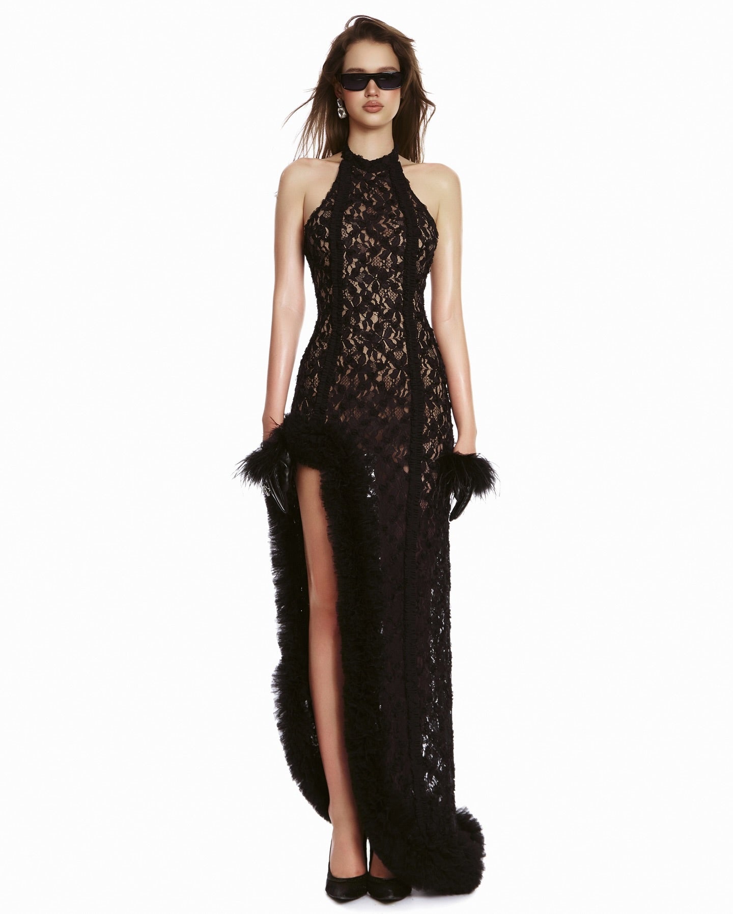 Halter Ruffle Detail Maxi Dress Black HV2685