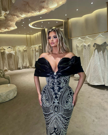 Draped Bardot Sequin Maxi Dress Black HV2052