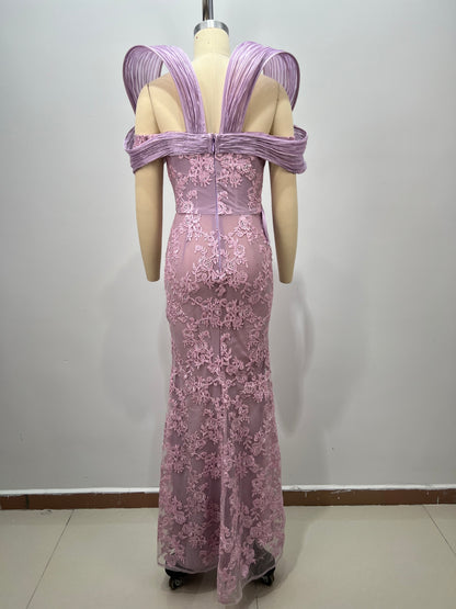 เดรสยาวผ้าลูกไม้ สีชมพูลาเวนเดอร์ HV2953