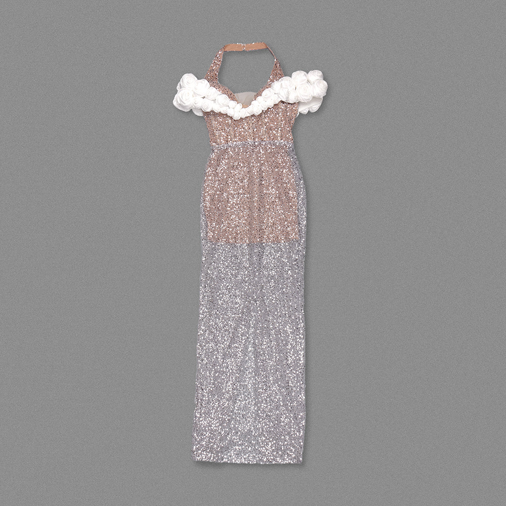 Halter Floral Bardot Sequin Maxi Dress Silver HV1760