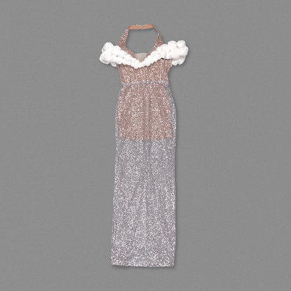 Halter Floral Bardot Sequin Maxi Dress Silver HV1760
