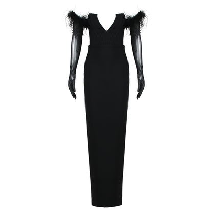 Long Sleeve Feather Corset Maxi Dress Black HV9958