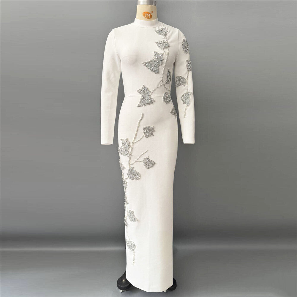 Long Sleeve Floral Crystal Maxi Dress Black HV2646