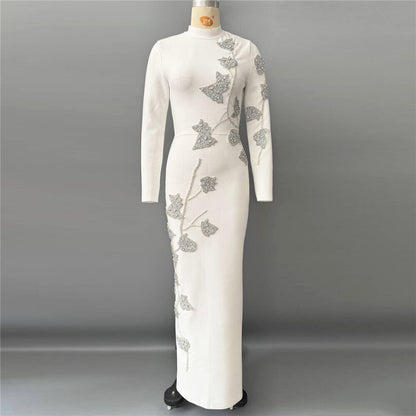Long Sleeve Floral Crystal Maxi Dress Black HV2646