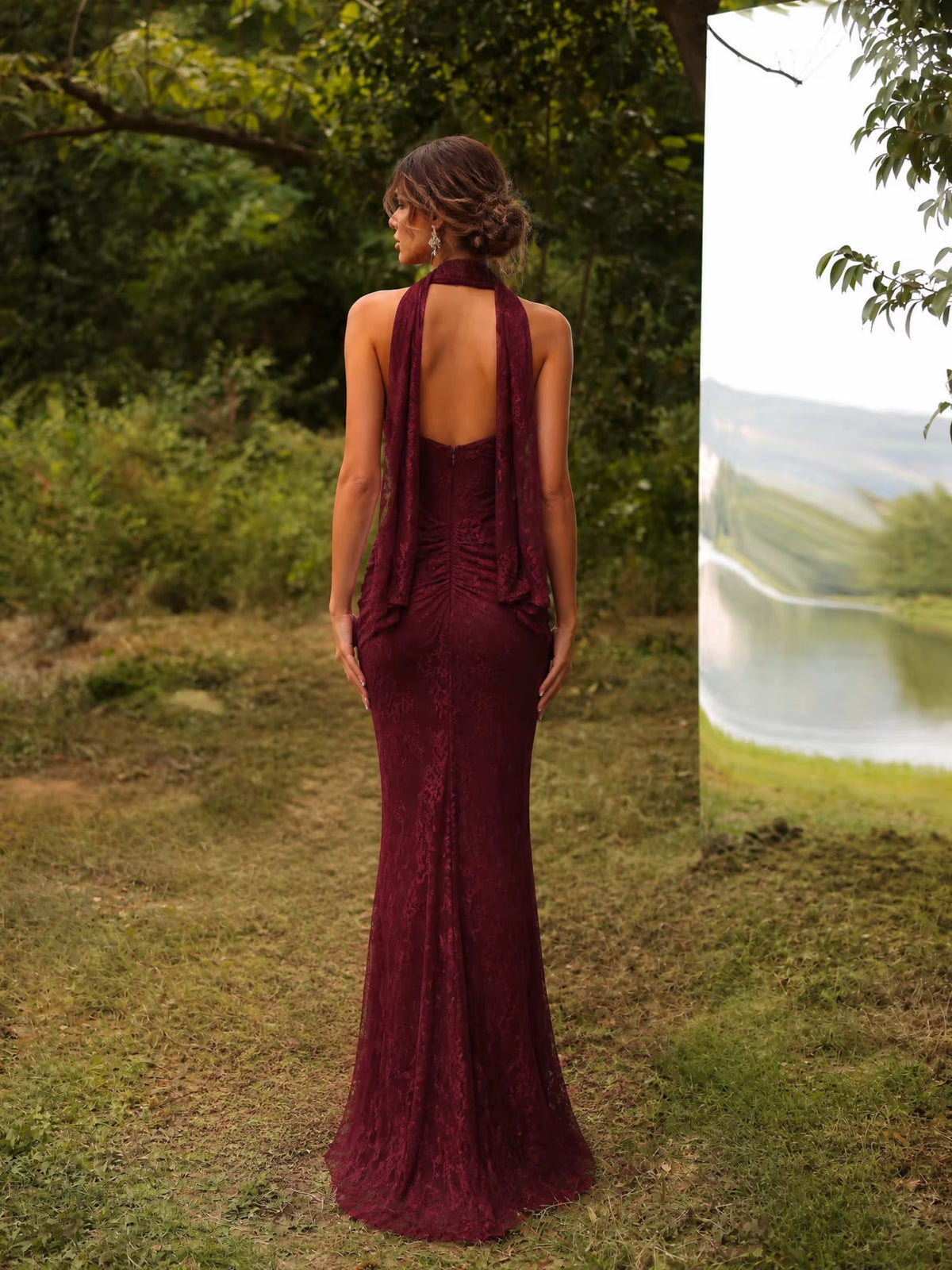 Strapless Draped Lace Bustier Maxi Dress Burgundy HV2706