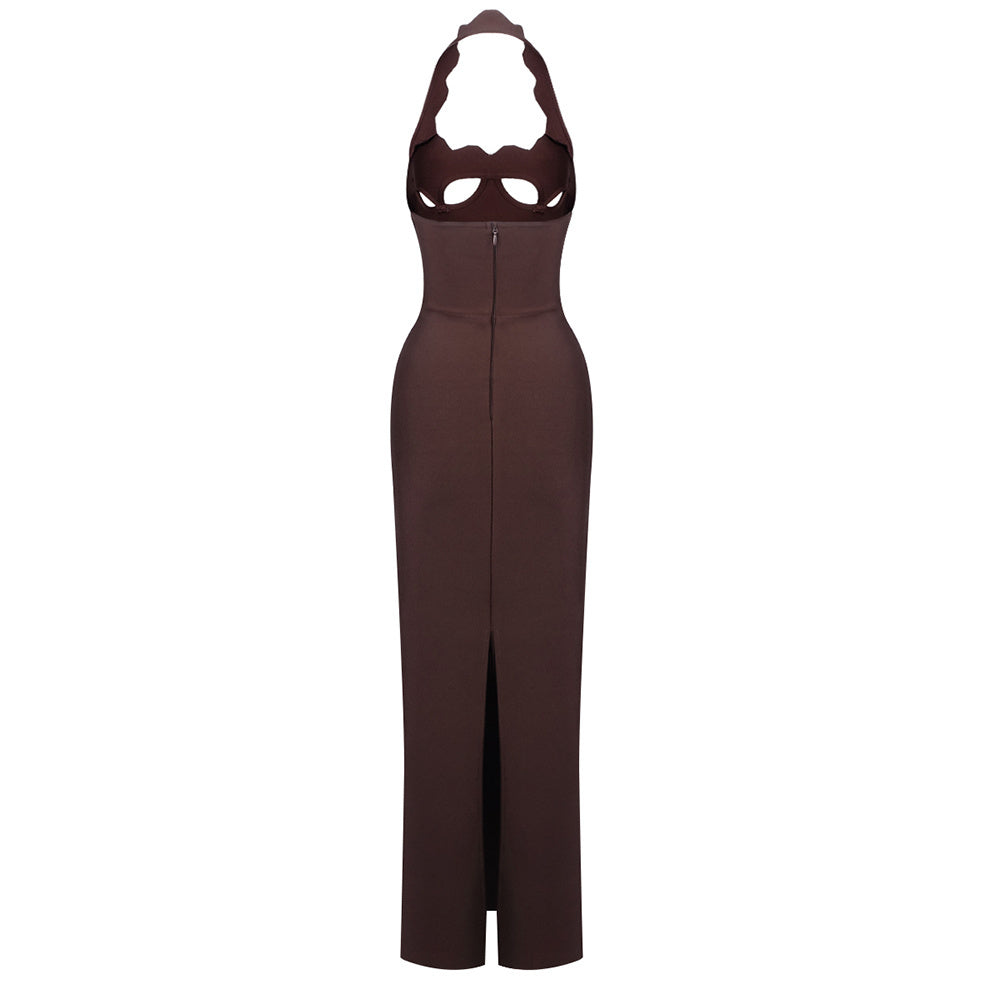 Halter Underboob Cut Out Maxi Dress Brown HV8518