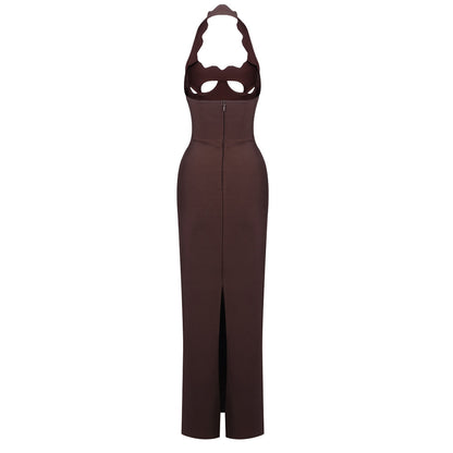 Halter Underboob Cut Out Maxi Dress Brown HV8518
