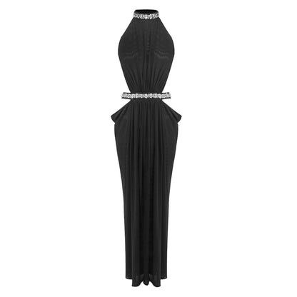 Halter Crystal Draped Backless Maxi Dress HV0122