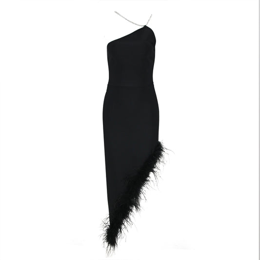 Halter Crystal Feather Maxi Dress Black HV1121