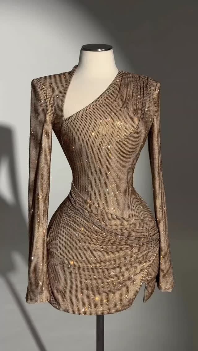 Long Sleeve Draped Sparkly Dress Gold HV2819