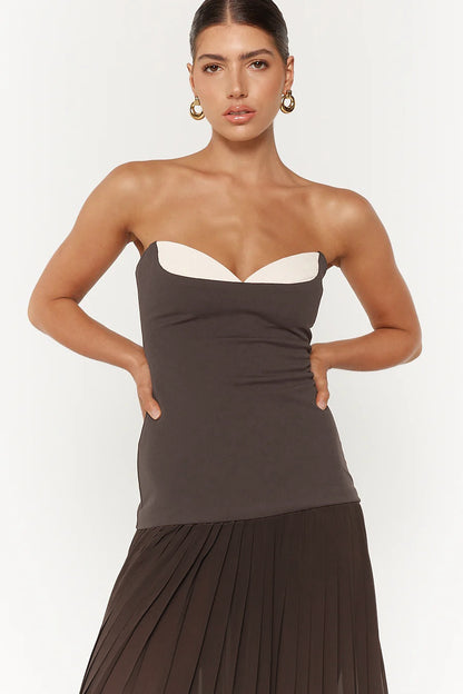 Strapless Pleated A Line Maxi Dress Brown HV2659